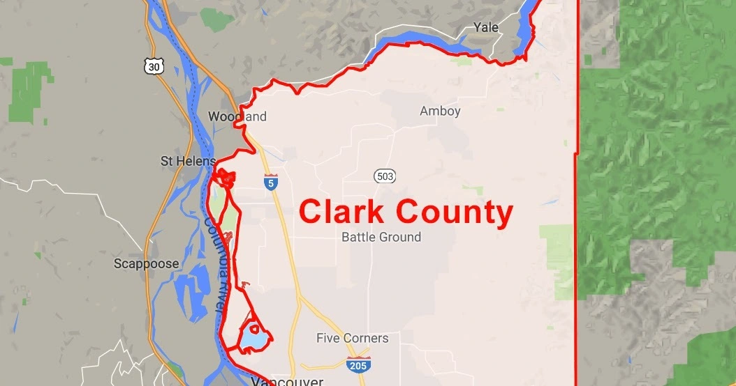 Digital map highlighting Clark County boundary in red with towns, highways, and Columbia River clearly marked for service areas.